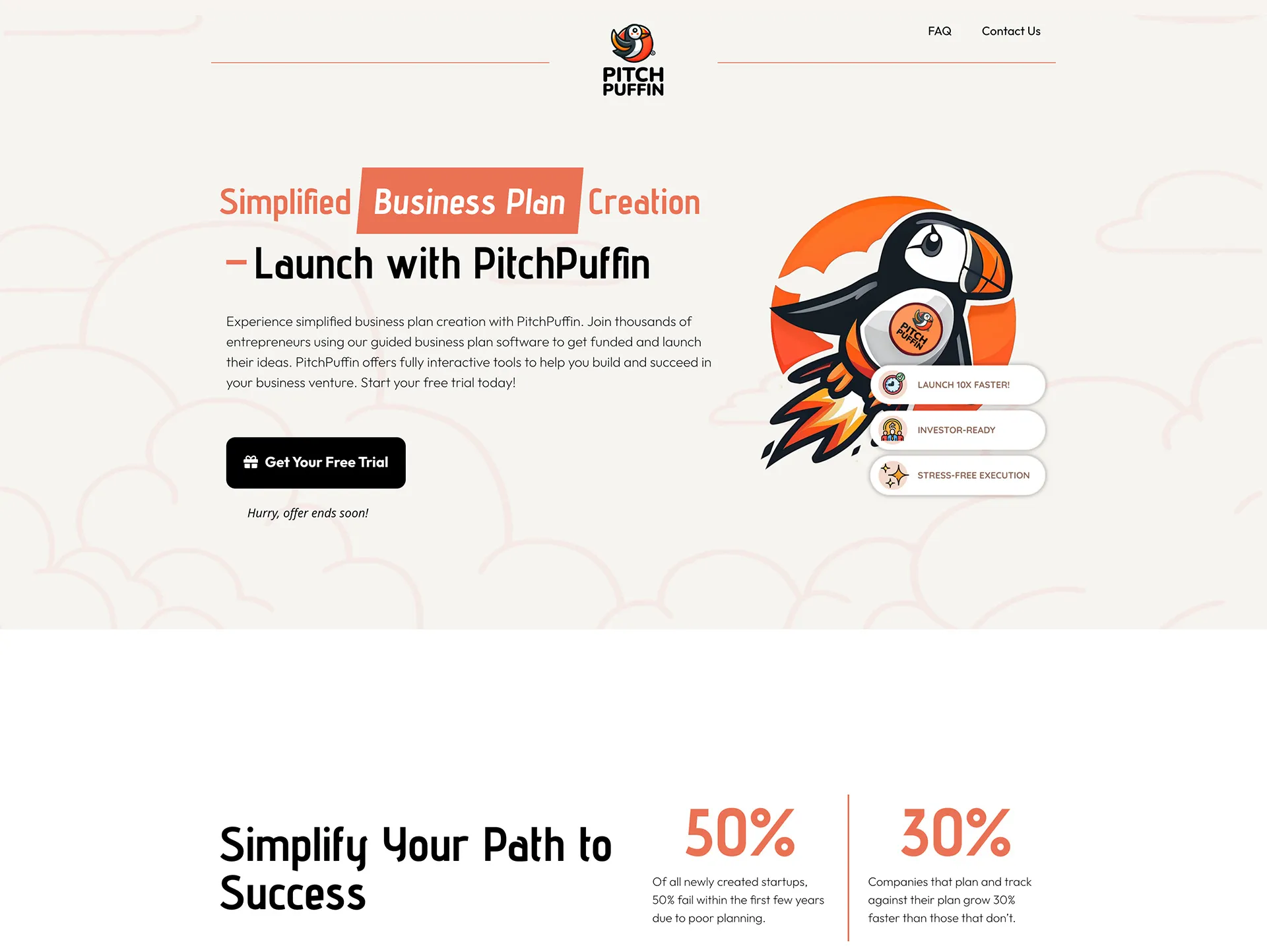 PitchPuffin homepage with its illustrated puffin identity